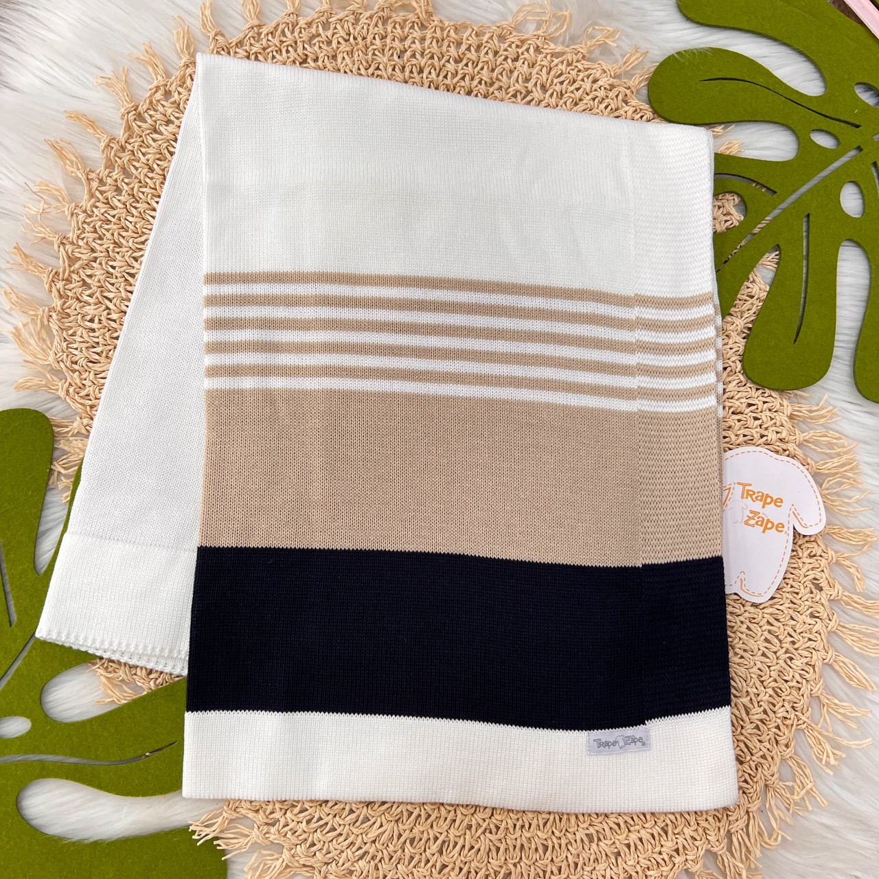 Manta de linha Listrada Branca, areia e marinho